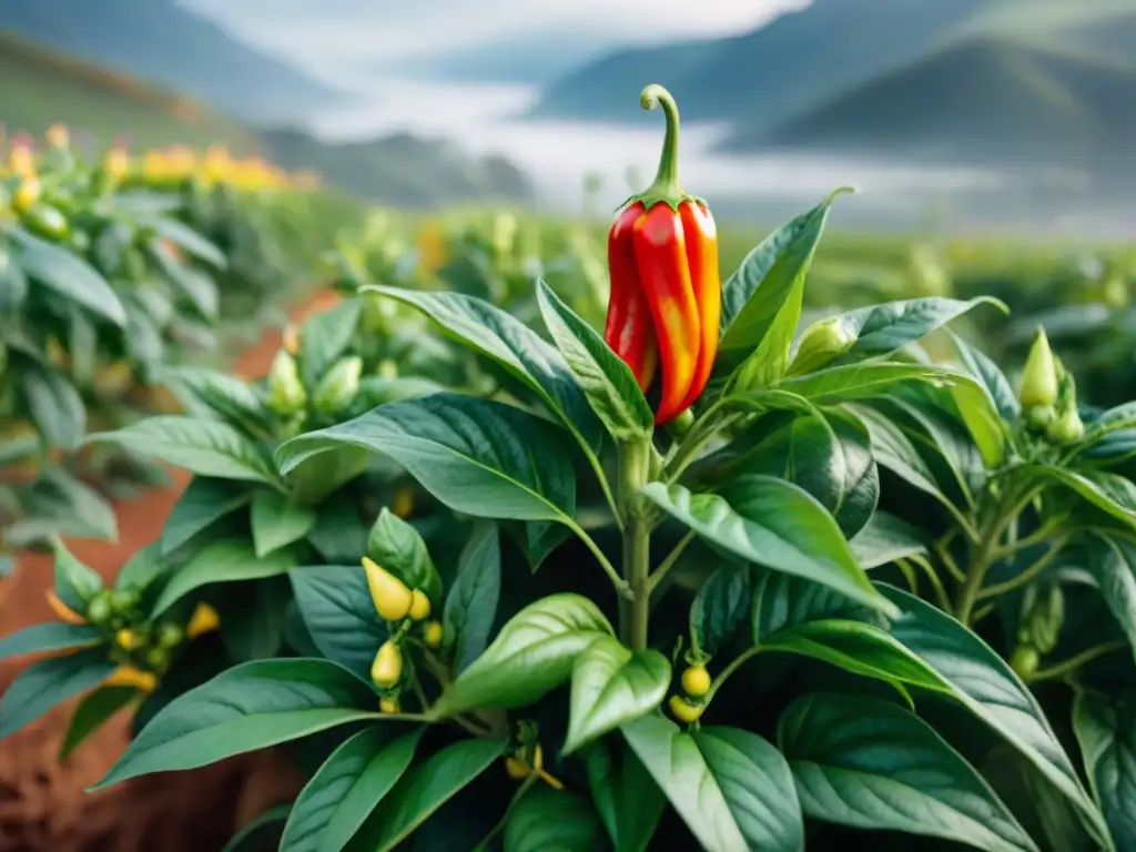 Detalle vibrante de planta de ají amarillo en floración, en entorno ecoamigable