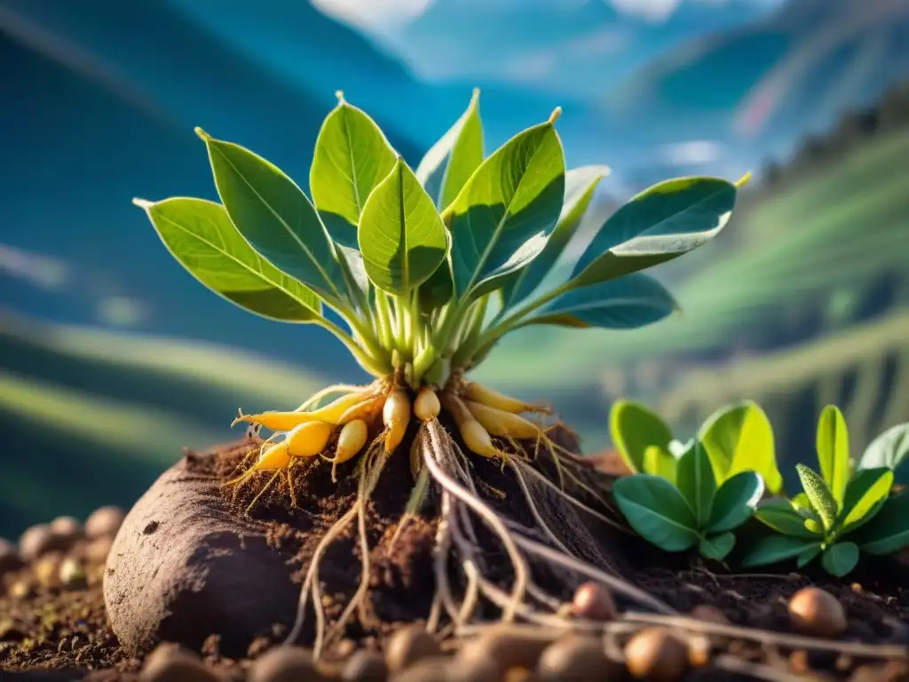 Detalle vibrante de una planta de yacón en los Andes, resaltando sus hojas verdes, raíces intricadas y tubérculos dorados