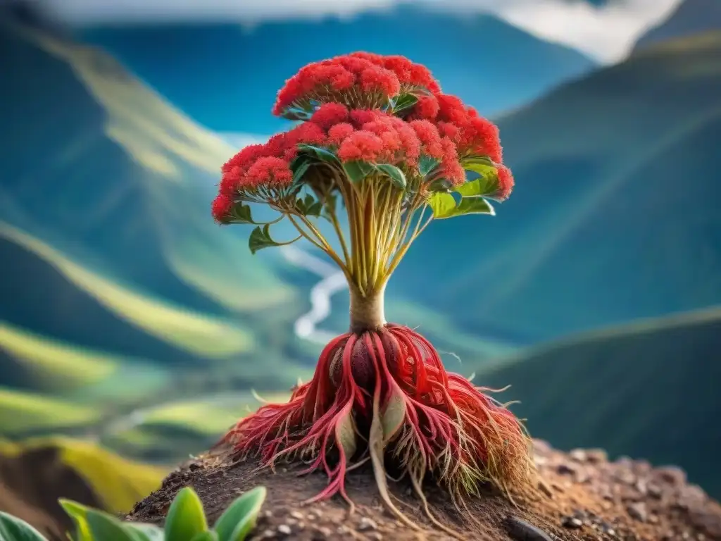 Detalle vibrante de una planta de maca roja en los Andes, mostrando su color carmesí y forma única en contraste con el paisaje