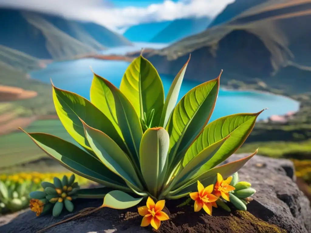 Detalle de una vibrante planta de yacón en plena floración, resaltando sus hojas únicas y flores delicadas