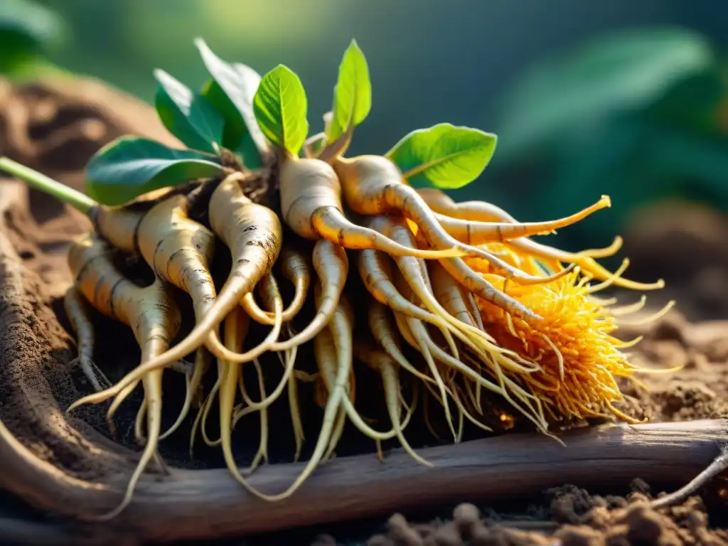 Detalle vibrante de raíces de cúrcuma peruana recién cosechadas, con tierra y patrones intrincados, resaltando textura y color