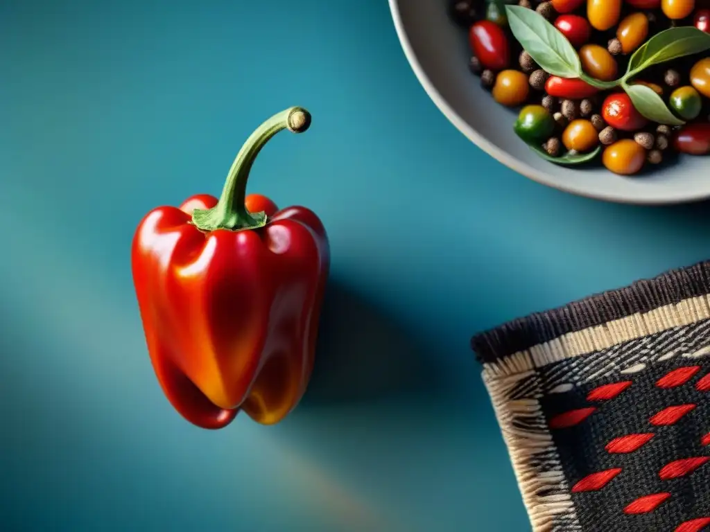 Detalle vibrante del rocoto peruano resaltando su forma única y semillas, sobre telas tradicionales peruanas