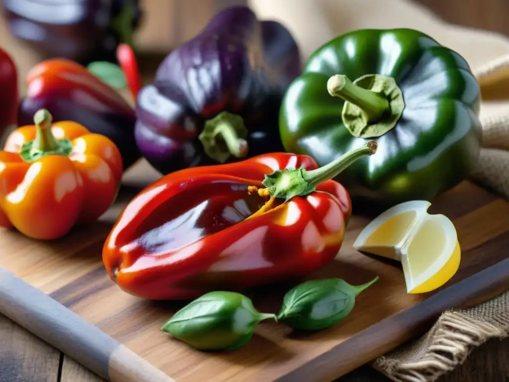 Detalle vibrante del rocoto rojo rodeado de ingredientes peruanos en tabla rústica