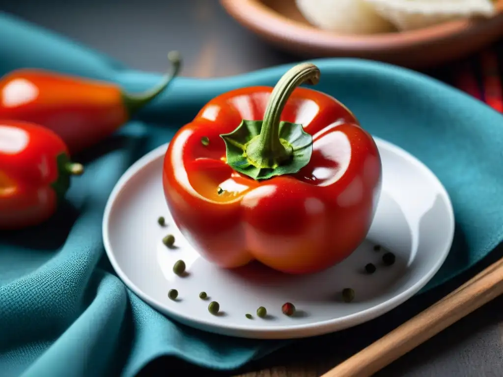 Detalle vibrante del rocoto rojo, símbolo de la receta rocoto relleno Arequipa, sobre tejidos y cerámica peruana