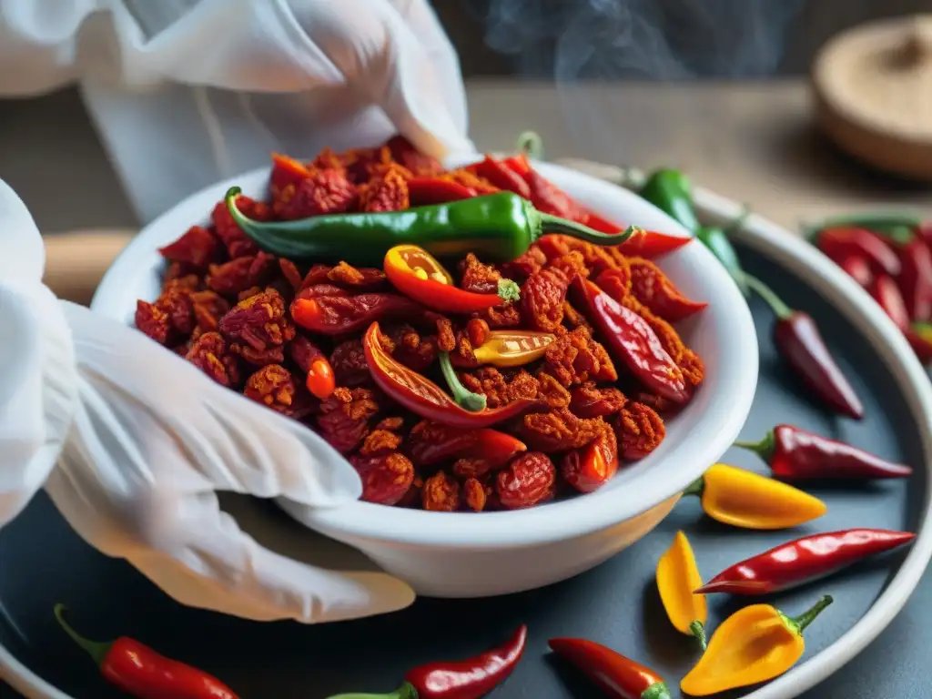 Detalle vibrante de ají panca rojo siendo aplastado en pasta