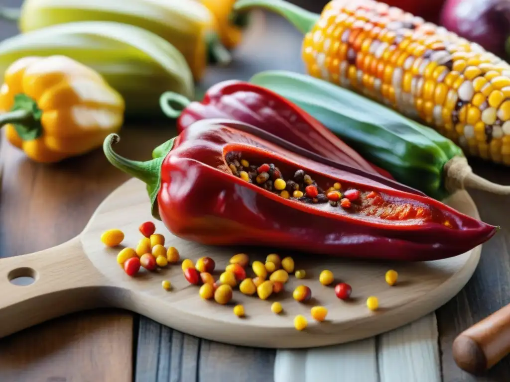 Detalle vibrante del ají panca rojo rodeado de ingredientes peruanos en tabla de madera