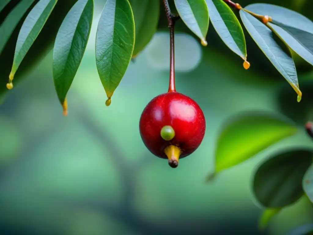 Detalle vibrante del camu camu en la selva amazónica peruana, resaltando su belleza natural