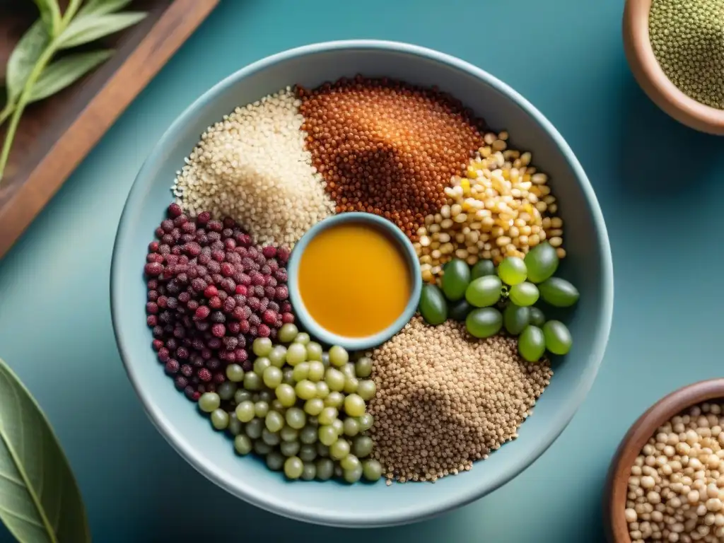 Detalle vibrante de supergranos andinos en cuenco peruano, resaltando beneficios y sostenibilidad