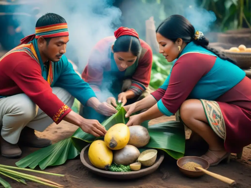 Detalle vibrante de la tradicional ceremonia peruana de Pachamanca: tradición gastronomía peruana