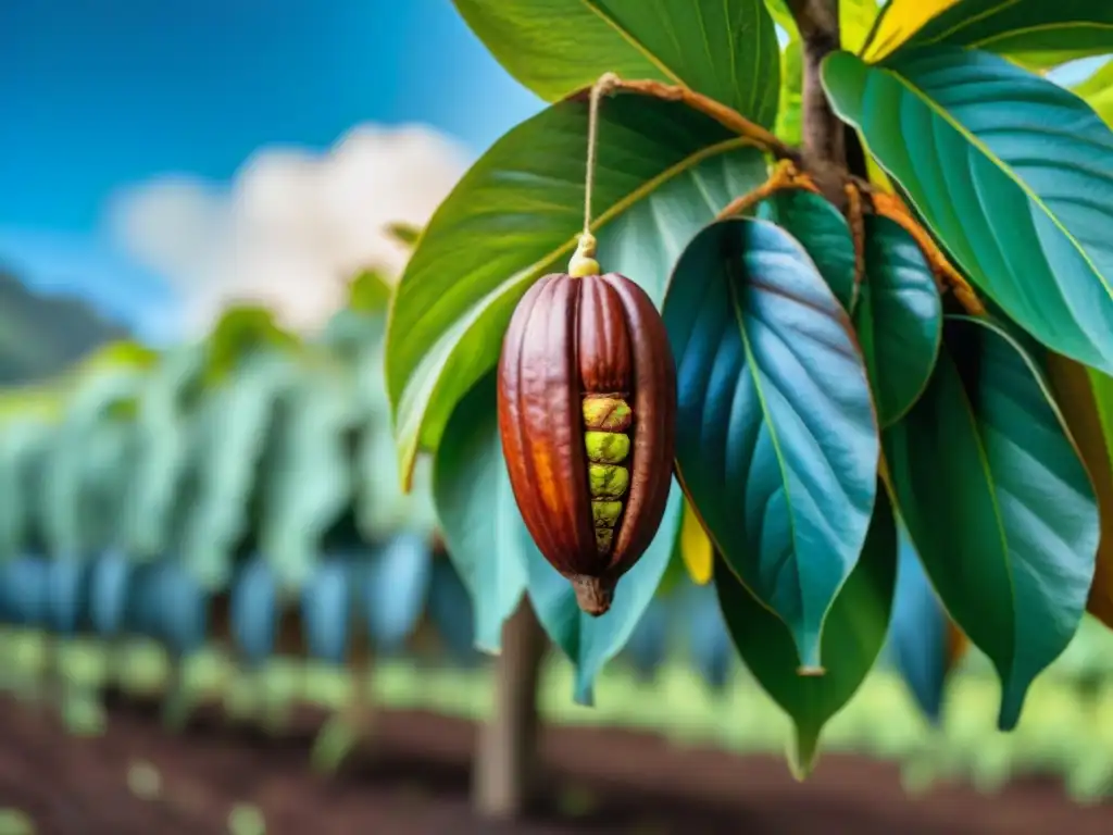 Detalle vibrante: vaina de cacao peruano en plantación sostenible bajo cielo azul