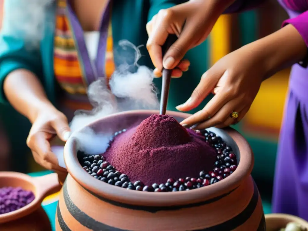 Detalle vívido: manos de mujer peruana preparando chicha morada tradicional receta en olla de barro colorida