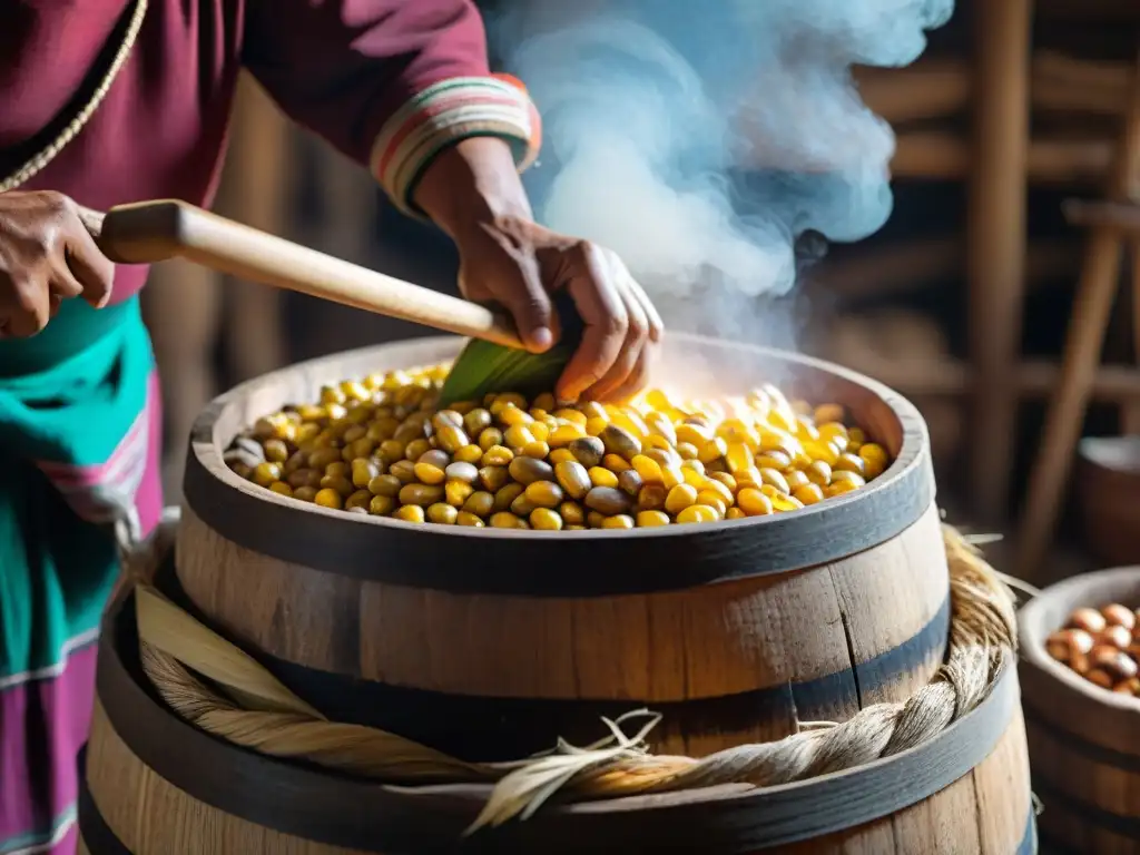 Detalles ancestrales: artesano peruano preparando Chicha de Jora autóctona en barril de madera rústico