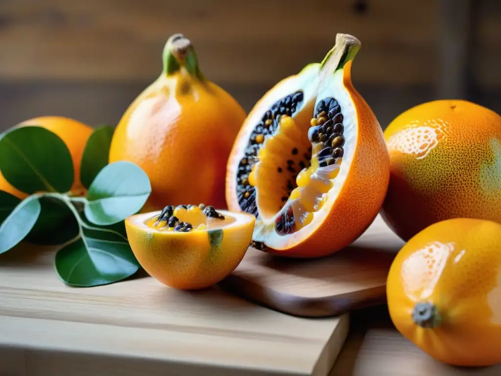 Detalles de una granadilla recién cosechada, con su piel naranja vibrante y textura arrugada