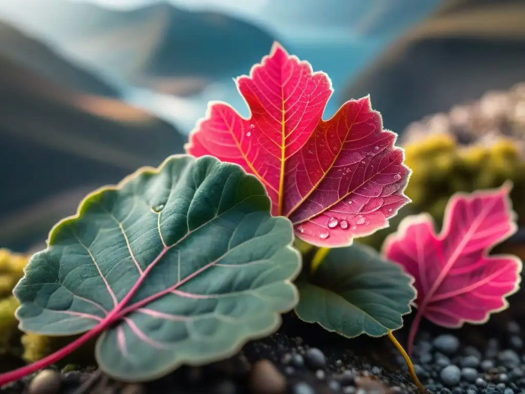 Detalles de hojas rosadas de muña Andina con gotas de agua, resaltando su belleza natural y propiedades medicinales