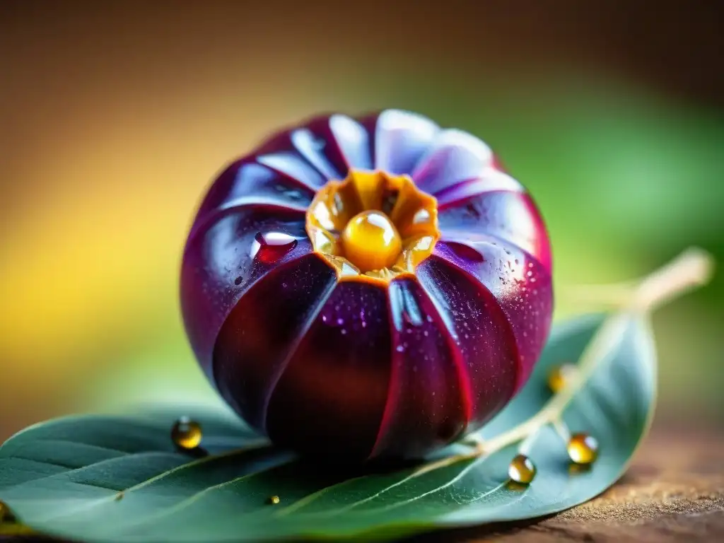 Detalles impresionantes de una vibrante fruta camu camu púrpura, con gotas de agua brillando bajo luz natural