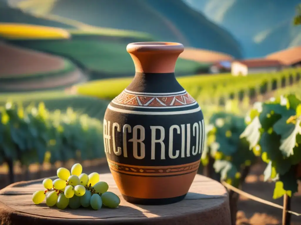 Detalles de jarra de pisco en viñedo peruano al atardecer, técnicas maceración perfecta pisco