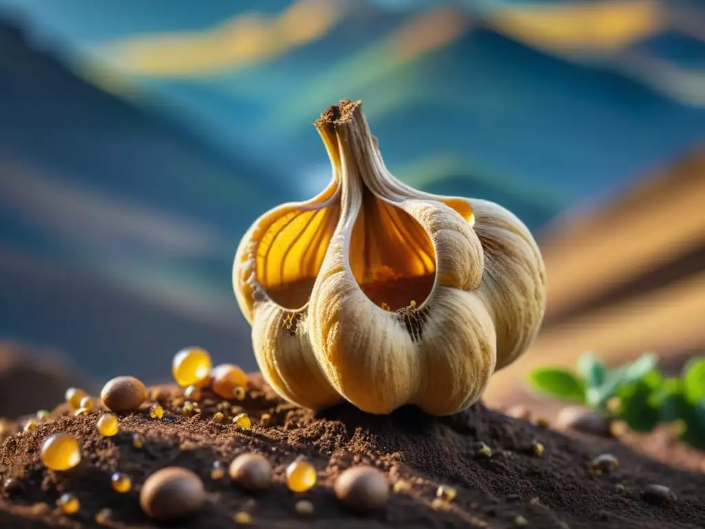 Detalles de la raíz de maca peruana en su esplendor natural, enriquecida por la tierra fértil y los beneficios de la maca peruana