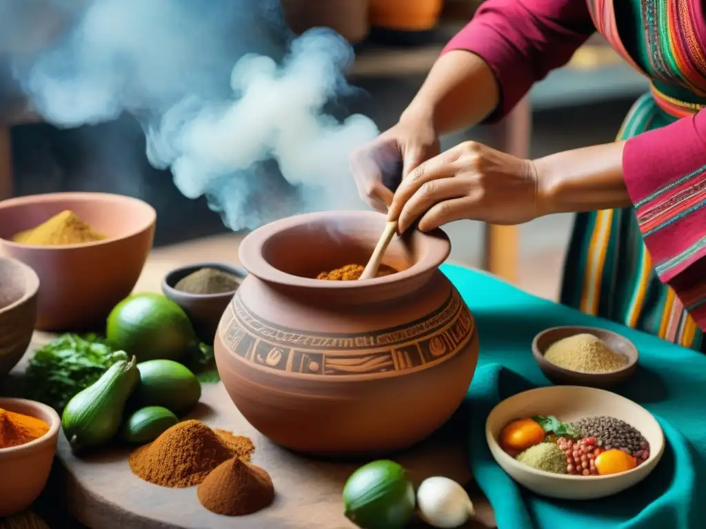 Detalles de manos hábiles usando olla de barro precolombina en cocina peruana