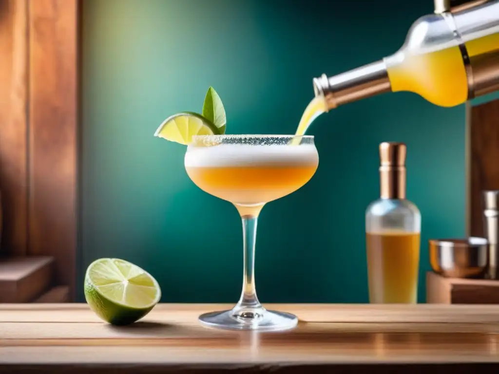 Pisco Sour peruano: detalle artesanal y sofisticado Detalles de un pisco sour peruano con limón y bíter en un vaso de cristal en un bar rústico