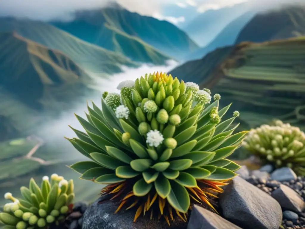 Detalles de una planta muña verde vibrante con flores blancas en un paisaje andino brumoso