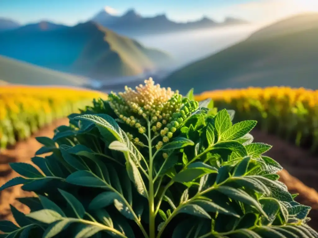 Detalles de una planta de quinua recién cosechada en la luz dorada de los Andes