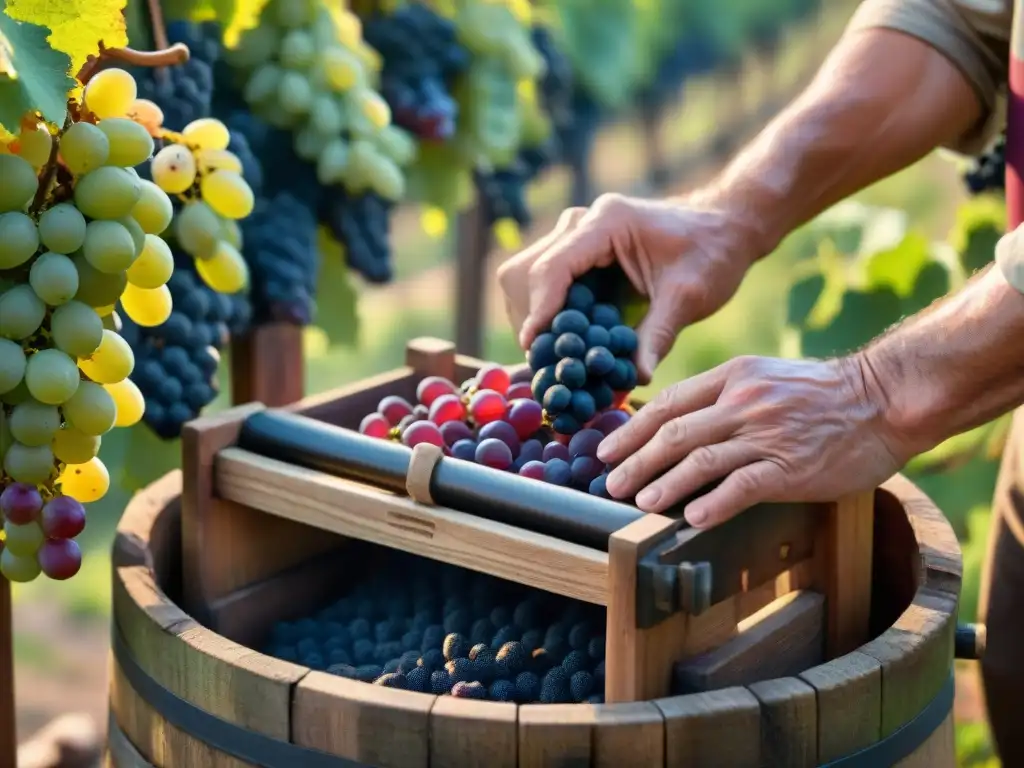 Detalles de una prensa de vino en uso en una bodega familiar, mostrando la producción artesanal de Pisco y Vino