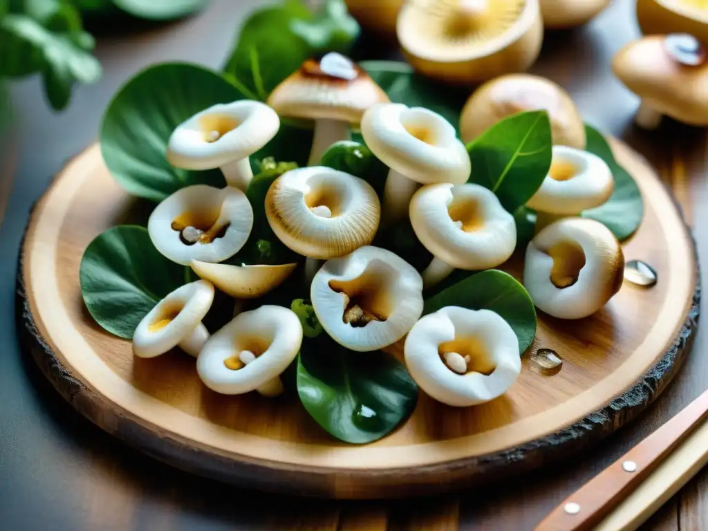 Delicioso ceviche de champiñones: frescura y arte culinario Detalles de champiñones recién rebanados en un tablero de madera, listos para receta ceviche vegetariano champiñones