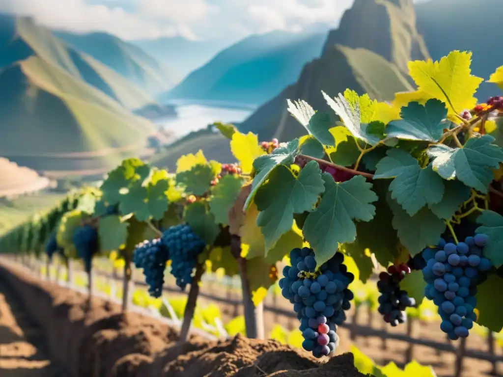 Detalles de la red de viñedos en el terroir peruano, con uvas al sol y los Andes de fondo