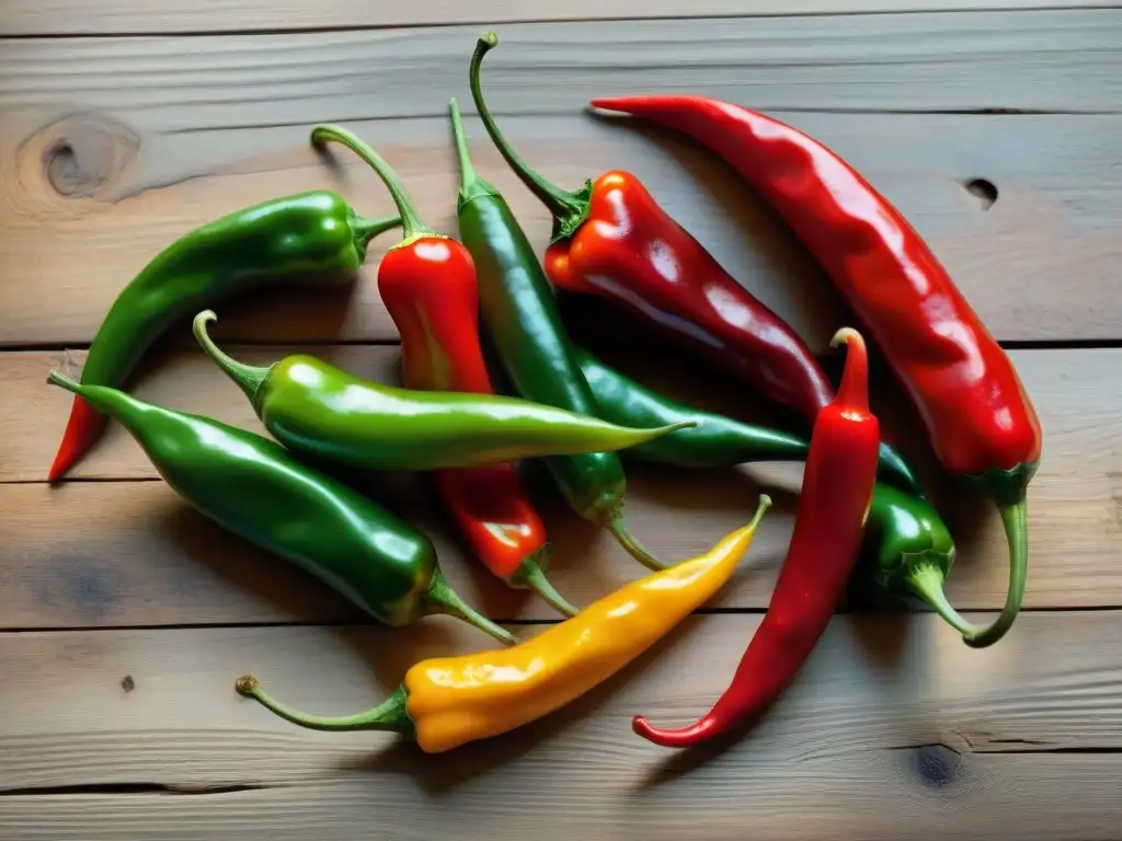 Chiles frescos en mesa rustica: detalle y color Detalles vibrantes de ajíes rojos y verdes sobre mesa rústica, resaltando beneficios del ají en gastronomía
