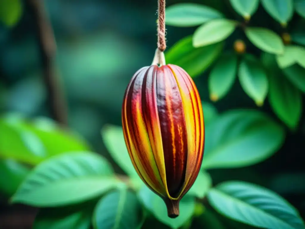 Detalles vibrantes de un cacao peruano autóctono en plantación, resaltando su belleza natural