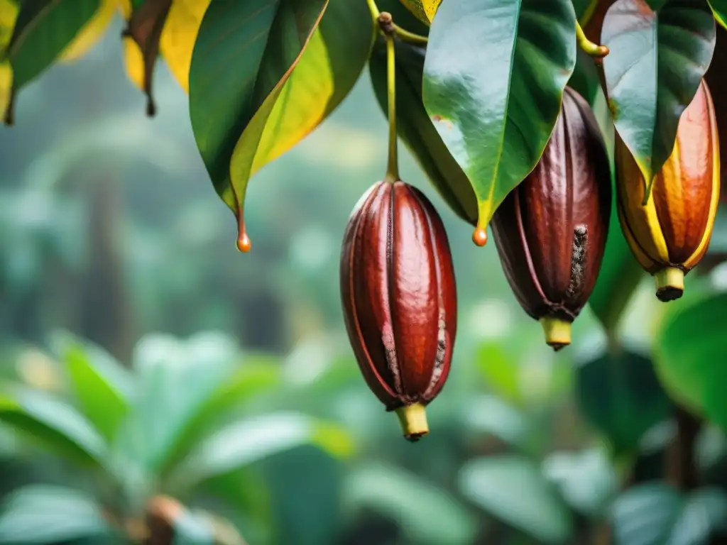 Detalles vibrantes de cacao peruano en plantación, pods verdes y auburn brillantes con gotas de agua, agricultura sostenible