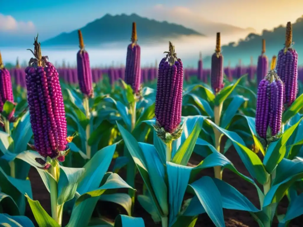 Detalles vibrantes de un campo de maíz morado, resaltando los beneficios de la chicha morada en su entorno natural