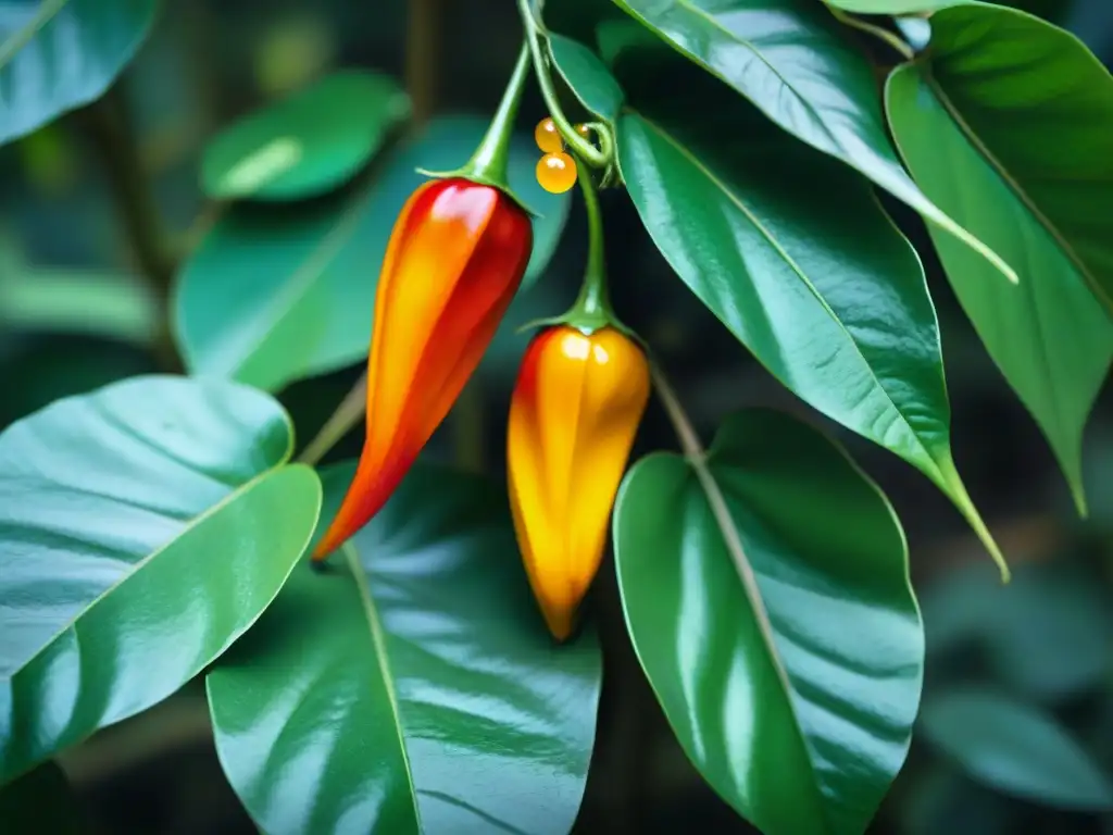 Detalles vibrantes de Aji Charapita en la exuberante selva amazónica peruana, ideal para descubrir Aji Charapita beneficios y recetas