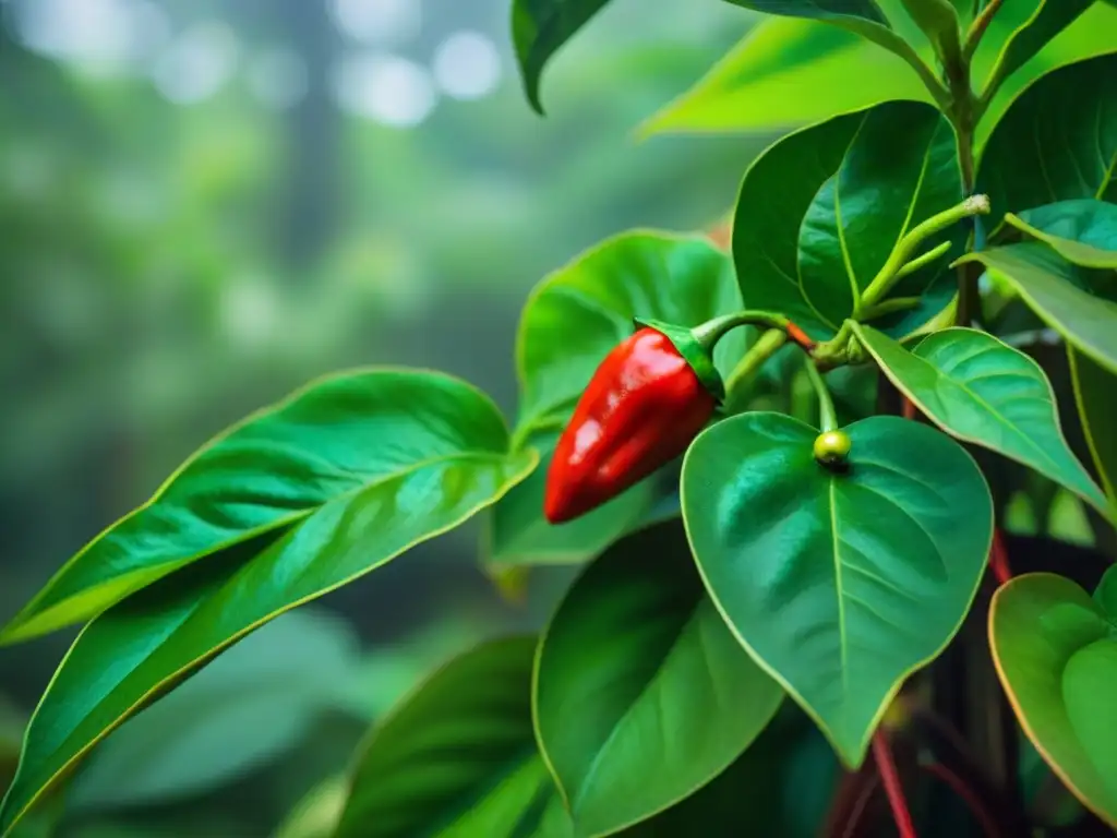 Detalles vibrantes de Ají Charapita en la selva amazónica: pequeños y ardientes, resaltando su forma y color