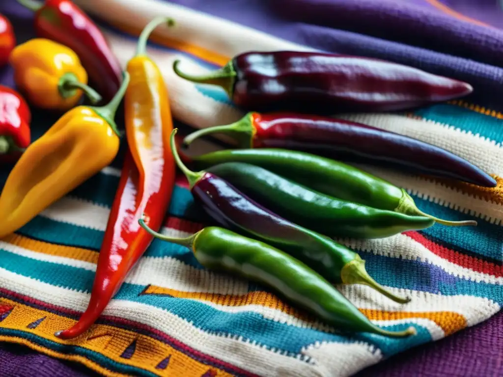 Detalles vibrantes de la cocina peruana tradicional: ajíes, quinoa, maíz morado y lúcuma sobre textil andino