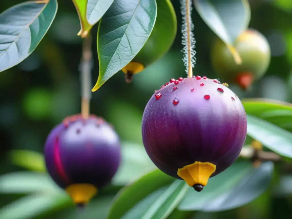 Detalles vibrantes de un fruto morado de camu camu en la exuberante Amazonía Peruana