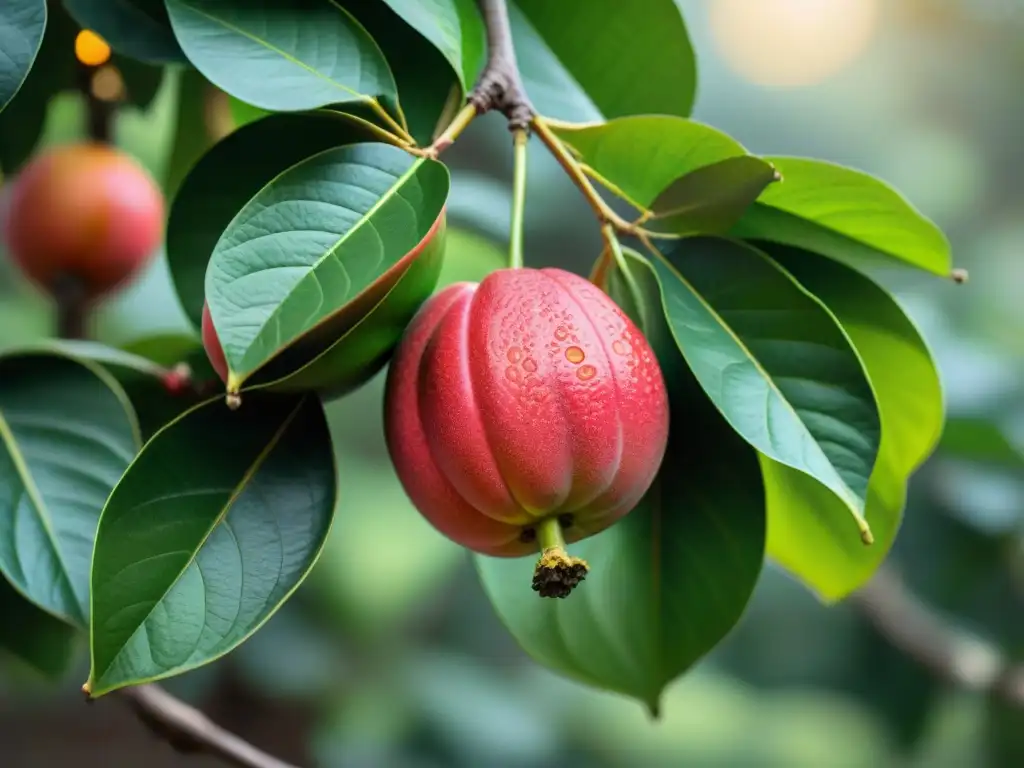 Detalles vibrantes de una guayaba madura en Perú, resaltando su jugosa pulpa rosa y semillas, rodeada de hojas verdes