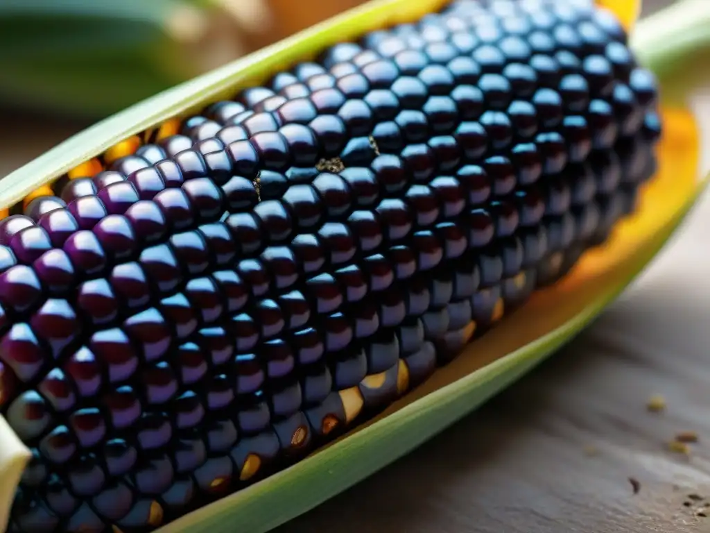 Detalles vibrantes de una mazorca de maíz morado, resaltando la frescura y los beneficios de la chicha morada