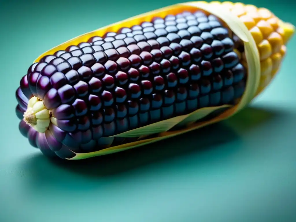 Detalles vibrantes de una mazorca de maíz morado, ingrediente clave en la Mazamorra Morada postre tradicional