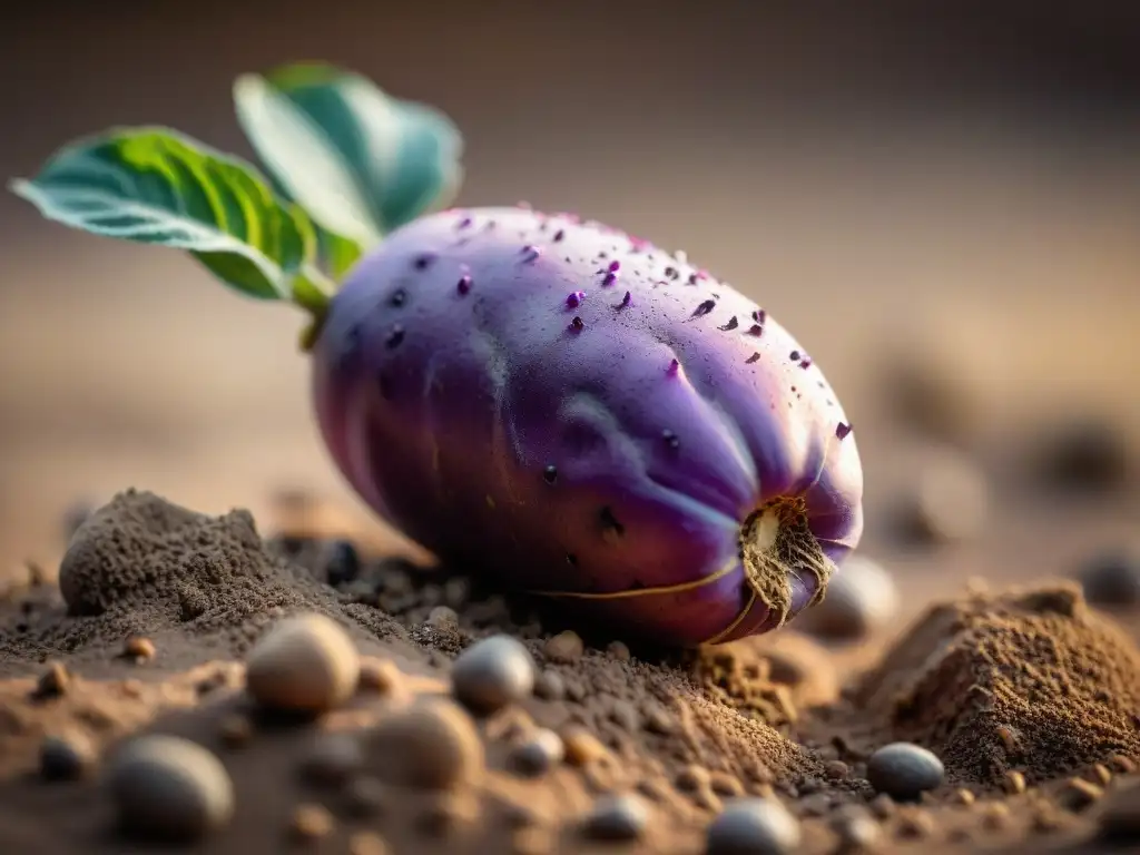 Detalles vibrantes de una papa morada peruana, resaltando la belleza de los ingredientes autóctonos de la gastronomía peruana