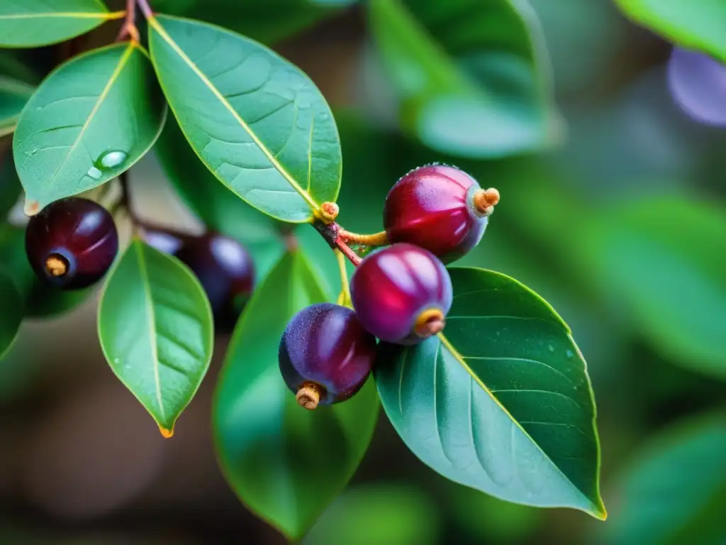 Detalles vibrantes de bayas moradas de camu camu en la selva amazónica, goteando bajo la luz natural