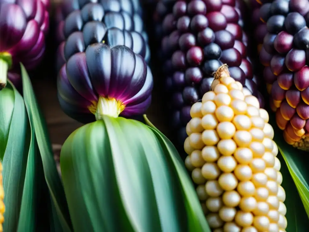 Detalles vibrantes del maíz morado peruano, resaltando la riqueza de la gastronomía peruana con ingredientes autóctonos