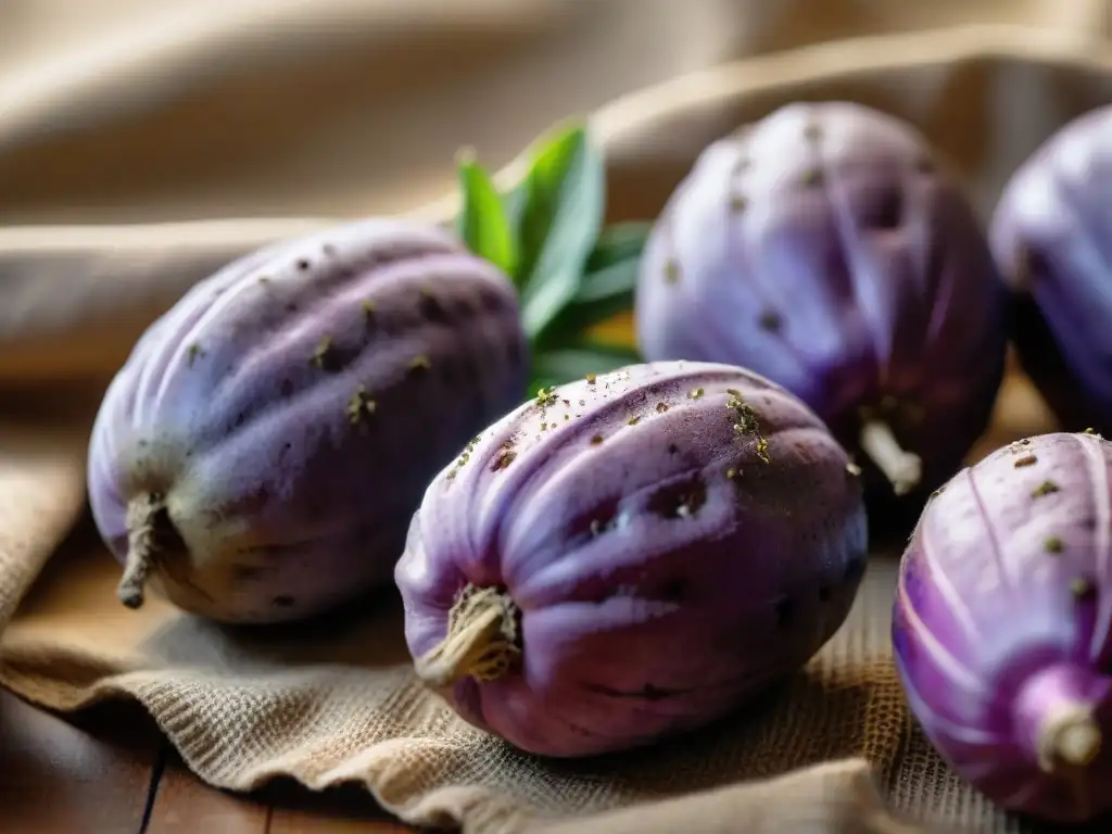 Detalles vibrantes de papas moradas peruanas recién cosechadas en una mesa, mostrando su frescura y belleza natural