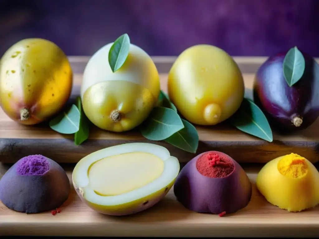 Detalles vibrantes de papas peruanas en texturas y colores únicos, sobre superficie rústica evocando recetas tradicionales