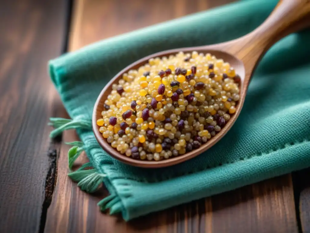 Detalles vibrantes de quinoa peruana en diversos colores y tamaños, resaltando la importancia de ingredientes autóctonos en la gastronomía peruana