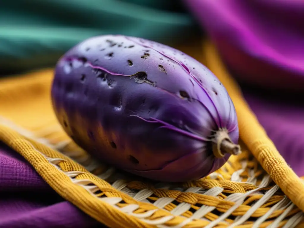 Detalles vibrantes de una papa peruana morada en contraste con textiles autóctonos