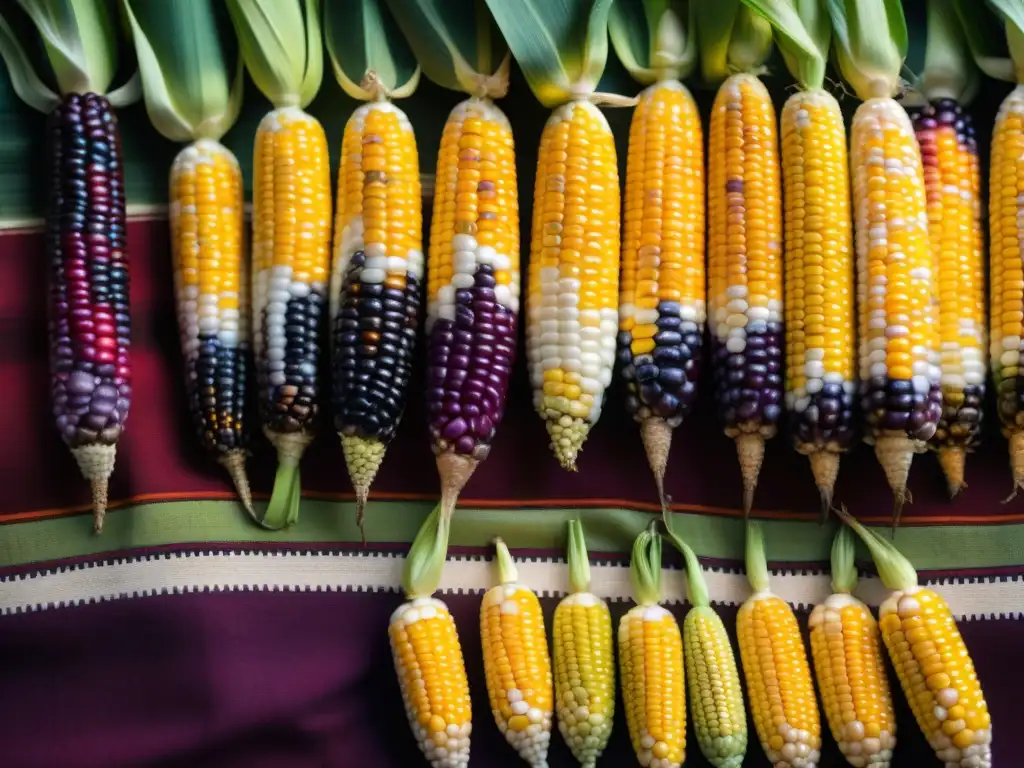 Detalles vibrantes de maíz peruano en textil andino resaltan la importancia de semillas nativas en la gastronomía peruana