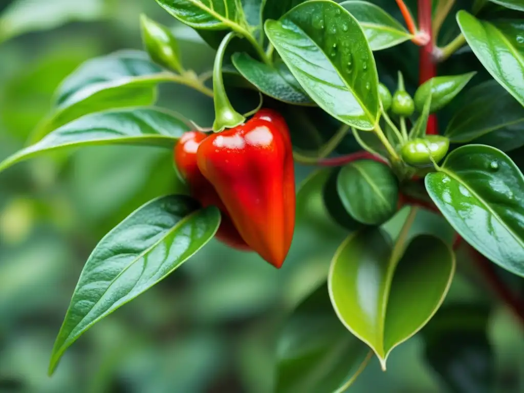 Detalles vibrantes de ajíes peruanos en un jardín casero