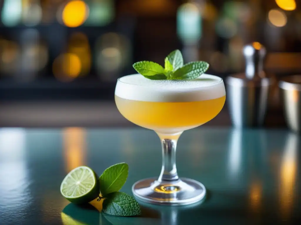 Detalles vibrantes de un pisco sour peruano, con lima fresca, menta y bíter