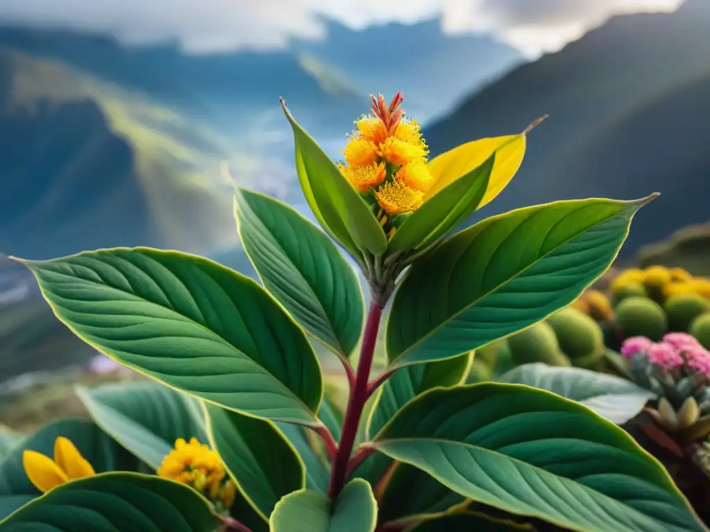 Detalles vibrantes de la planta de tara en flor, con vista a los Andes peruanos